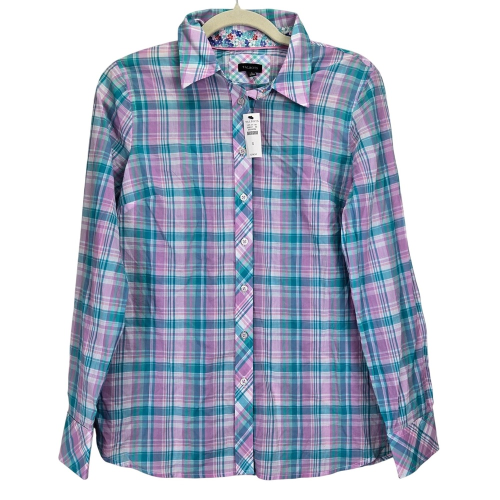 NWT Talbots Plaid Button Down Shirt Small Floral Pastel Long Sleeve‎ Cottagecore
